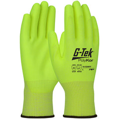 ‎16-520HY/M Coated Gloves w/Polykor - G-Tek PolyKor - Hi-Vis 13G Blended Shell - Hi-Vis Polyurethane Grip - A3 - Exact Industrial Supply