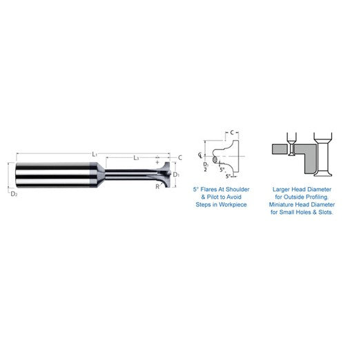 Corner Rounding End Mills - 0.0050″ Radius × 0.1150″ Head Diameter × 0.8750″ (7/8″) Neck Length Carbide 5° Flare Back Corner Rounding End Mill, 3 Flutes, AlTiN Coated - Exact Industrial Supply