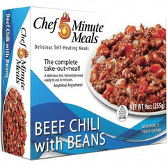 Chef Minute Meals - Emergency Preparedness Supplies Type: Ready-to-Eat Beef Chili Meal Contents/Features: Heater Pad & Activator Solution; Cutlery Kit w/Utensils, Salt & Pepper Packets; 9-oz Entr e - All Tool & Supply