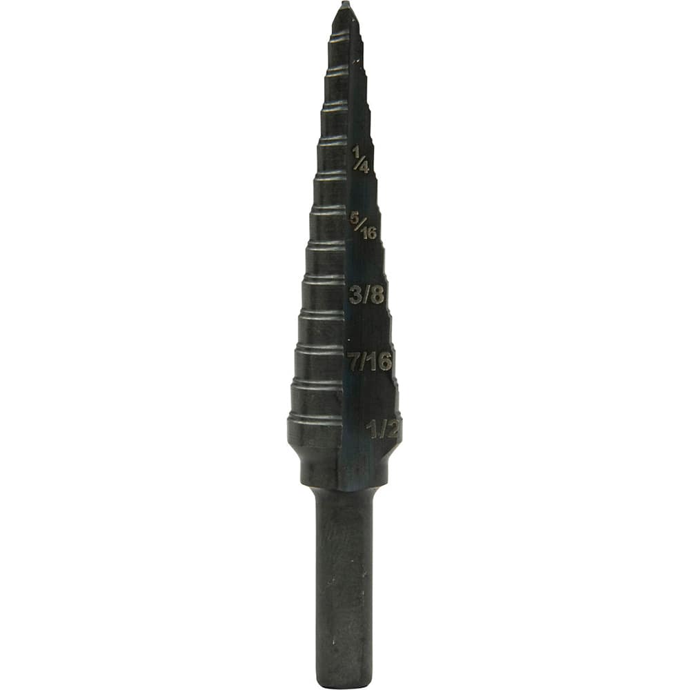 Greenlee - Step Drill Bits; Minimum Hole Diameter (Inch): 1/8 ; Maximum Hole Diameter (Inch): 1/2 ; Drill Bit Material: Steel ; Drill Bit Finish/Coating: Steam Oxide ; Number of Hole Sizes: 13 ; Shank Type: 3-Flat - Exact Industrial Supply