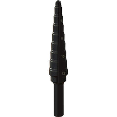 Greenlee - Step Drill Bits; Minimum Hole Diameter (mm): 4.00 ; Maximum Hole Diameter (mm): 12.000 ; Drill Bit Material: Steel ; Drill Bit Finish/Coating: Steam Oxide ; Number of Hole Sizes: 9 ; Shank Type: 3-Flat - Exact Industrial Supply