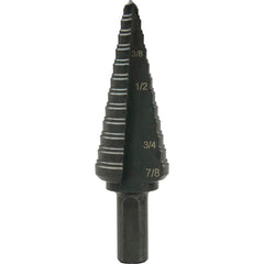 Greenlee - Step Drill Bits; Minimum Hole Diameter (Inch): 3/16 ; Maximum Hole Diameter (Inch): 7/8 ; Drill Bit Material: Steel ; Drill Bit Finish/Coating: Steam Oxide ; Number of Hole Sizes: 12 ; Shank Type: 3-Flat - Exact Industrial Supply