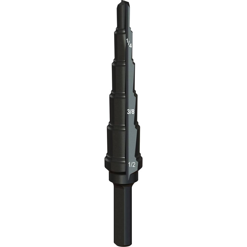 Greenlee - Step Drill Bits; Minimum Hole Diameter (Inch): 3/16 ; Maximum Hole Diameter (Inch): 1/2 ; Drill Bit Material: Steel ; Drill Bit Finish/Coating: Steam Oxide ; Number of Hole Sizes: 6 ; Shank Type: 3-Flat - Exact Industrial Supply