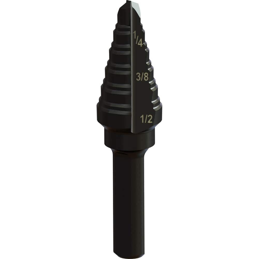 Greenlee - Step Drill Bits; Minimum Hole Diameter (Inch): 3/16 ; Maximum Hole Diameter (Inch): 1/2 ; Drill Bit Material: Steel ; Drill Bit Finish/Coating: Steam Oxide ; Number of Hole Sizes: 6 ; Shank Type: 3-Flat - Exact Industrial Supply