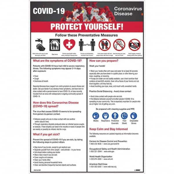 NMC - 1 5-Piece "COVID-19 - PROTECT YOURSELF!", 12" Wide x 18" High, Paper Safety Sign - All Tool & Supply