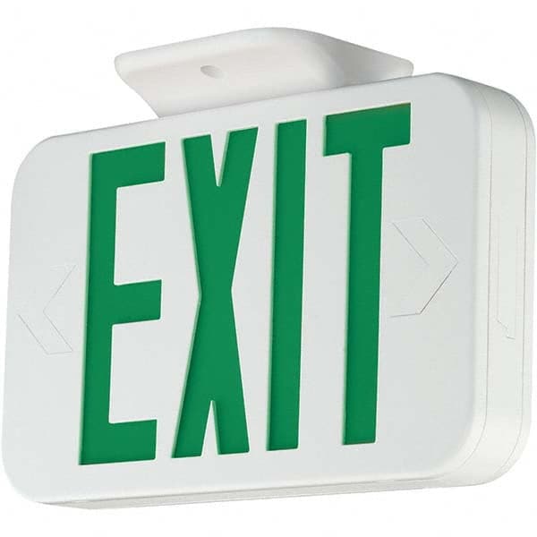 Illuminated Exit Signs; Number of Faces: 1; Light Technology: LED; Letter Color: Green; Mount Type: Surface Mount; Housing Material: Thermoplastic; Housing Color: White; Wattage: 1.5 W; Overall Length: 2 in; Overall Height: 7.2000 in; Overall Length (Deci