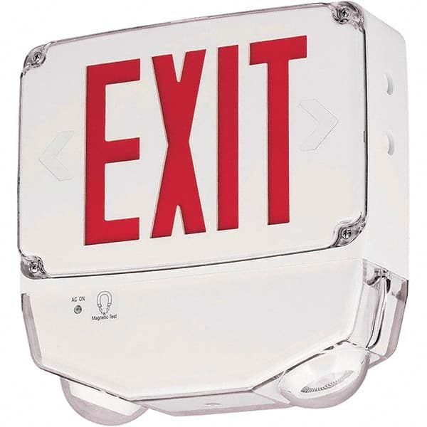 Illuminated Exit Signs; Number of Faces: 2; Light Technology: LED; Letter Color: Red; Mount Type: Surface Mount; Housing Material: Polycarbonate; Housing Color: White; Battery Type: Sealed Nickel Cadmium; Wattage: 5.2 W; Overall Length: 4.09 in; Overall H