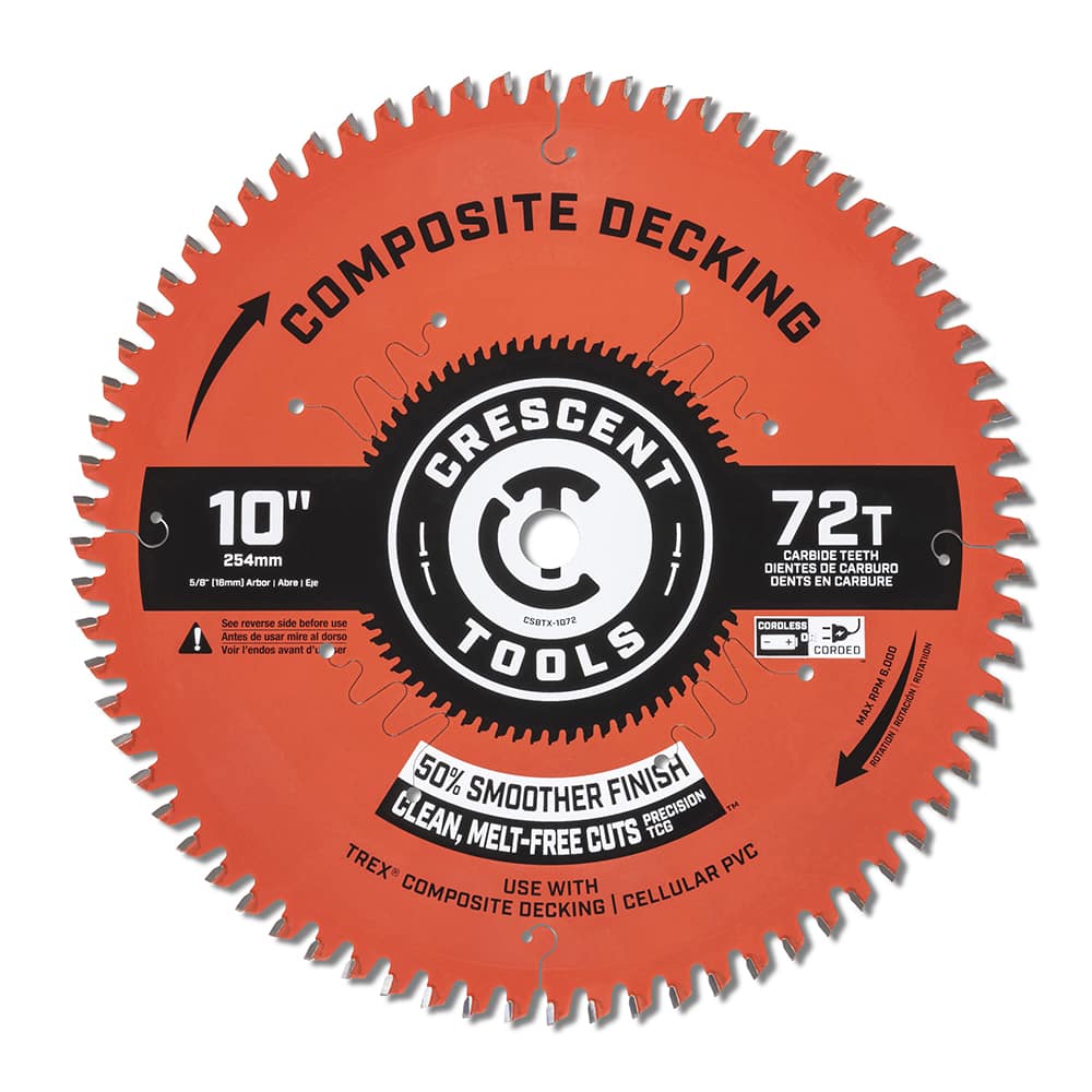 Wet & Dry Cut Saw Blade: 10″ Dia, 5/8″ Arbor Hole, 0.102″ Kerf Width, 72 Teeth Use on Composite