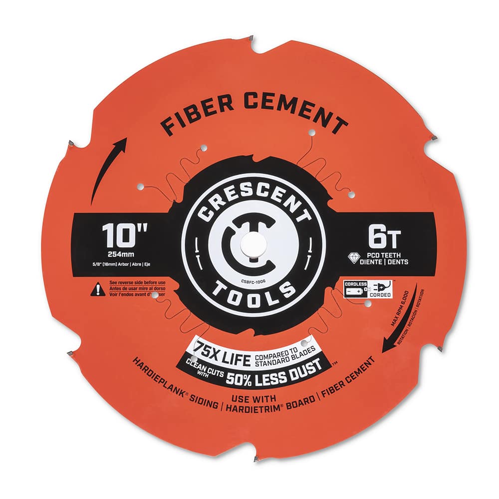 Wet & Dry Cut Saw Blade: 10″ Dia, 5/8″ Arbor Hole, 0.087″ Kerf Width, 6 Teeth Use on Fiber Cement Board Cutting