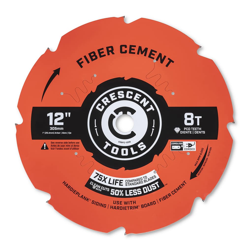 Wet & Dry Cut Saw Blade: 12″ Dia, 1″ Arbor Hole, 0.094″ Kerf Width, 8 Teeth Use on Fiber Cement Board Cutting