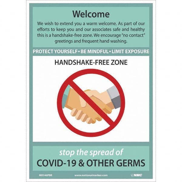 NMC - "COVID-19 - Welcome - Handshake Free Zone", 10" Wide x 14" High, Pressure-Sensitive Vinyl Safety Sign - All Tool & Supply