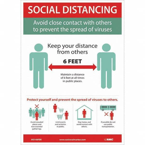 NMC - "COVID-19 - Social Distancing", 10" Wide x 14" High, Pressure-Sensitive Vinyl Safety Sign - All Tool & Supply