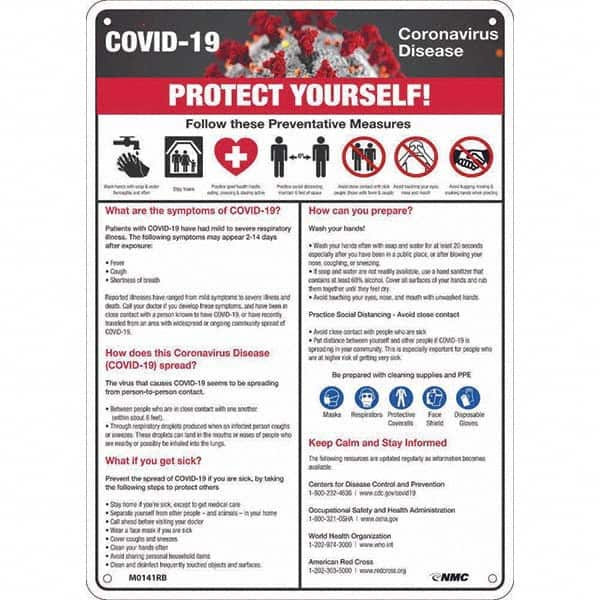 NMC - "COVID-19 - PROTECT YOURSELF!", 10" Wide x 14" High, Rigid Plastic Safety Sign - All Tool & Supply