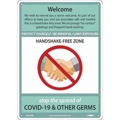 NMC - "COVID-19 - Welcome - Handshake Free Zone", 10" Wide x 14" High, Rigid Plastic Safety Sign - All Tool & Supply