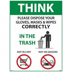 NMC - "COVID-19 - Think - Please Dispose Your Gloves, Masks & Wipes Correctly", 18" Wide x 24" High, Paper Safety Sign - All Tool & Supply