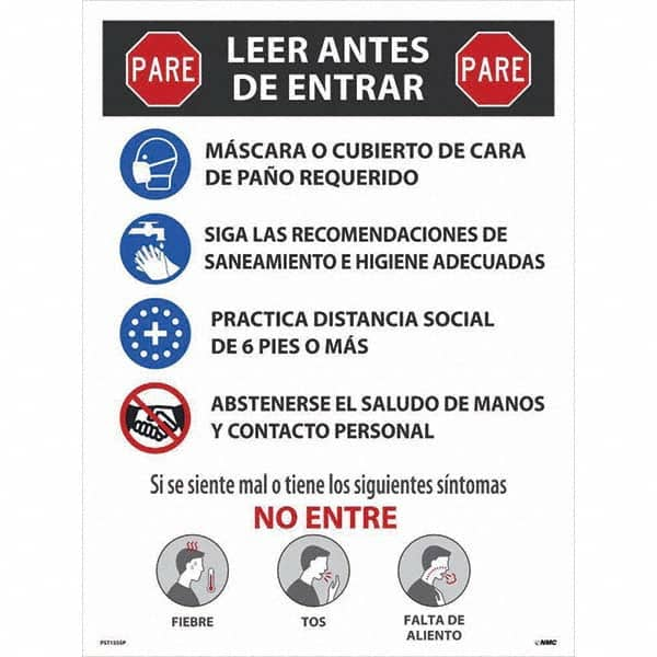 NMC - "COVID-19 - PARE - Leer Antes De Entrar", 18" Wide x 24" High, Paper Safety Sign - All Tool & Supply