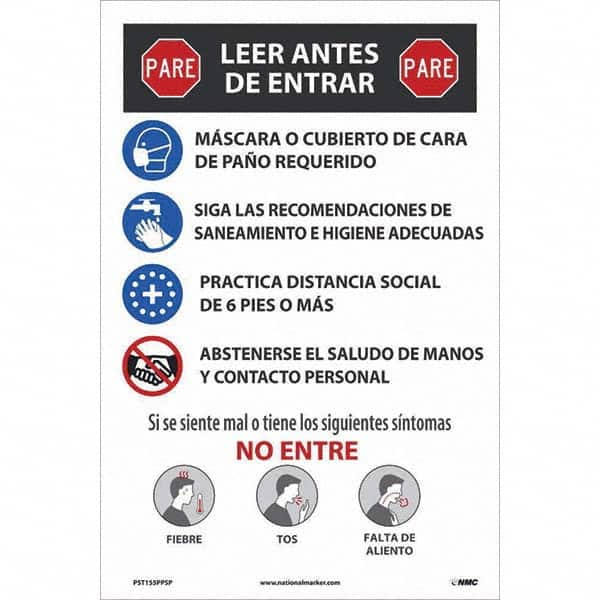 NMC - "COVID-19 - PARE - Leer Antes De Entrar", 12" Wide x 18" High, Paper Safety Sign - All Tool & Supply