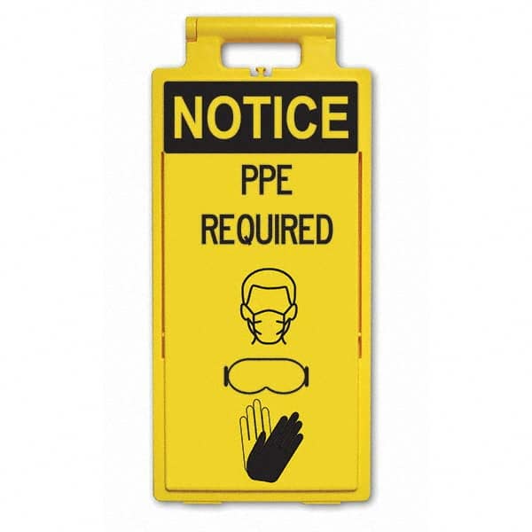 Cone & A Frame Floor Signs; Shape: A-Frame; Sign Type: Accident Prevention; Type: Accident Prevention; Message or Graphic: Message & Graphic; Header: Caution; Legend: Notice PPE Required; Viewing Points: Four-View; Language: English; Color: Black on Yello