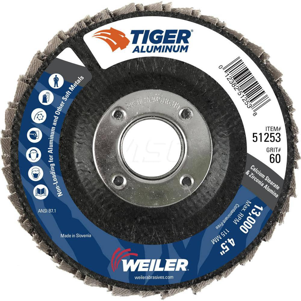 Flap Disc: 4-1/2″ Dia, 7/8″ Hole, 60 Grit, Zirconia Alumina, Type 27 Coated, Medium Grade, Cloth-Backed, 13,000 RPM