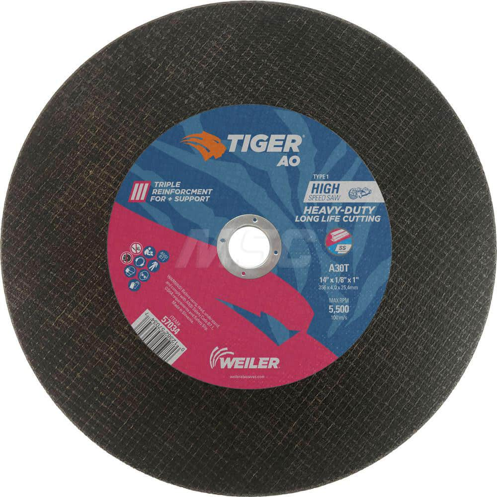 Cut-Off Wheel: Type 1, 14″ Dia, 1/8″ Thick, Aluminum Oxide Reinforced, 30 Grit, 5500 Max RPM, Use with Gas Powered Saws