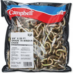 Campbell - Welded Chain; Chain Grade: 70 ; Trade Size: 5/16 ; Load Capacity (Lb.): 4,700 ; Finish/Coating: Yellow Chromate ; Type: Binder ; Length (Feet): 20 - Exact Industrial Supply