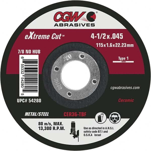 Cut-Off Wheel: Type 1, 6″ Dia, 7/8″ Hole, Ceramic Reinforced, 36 Grit, 10200 Max RPM, Use with Angle Grinders