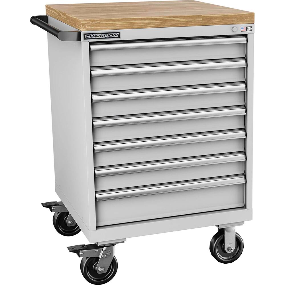 Champion Tool Storage - Mobile Work Centers; Type: Standard Depth Butcher Block Top Cabinet ; Load Capacity (Lb.): 440.000 ; Number of Drawers: 7 ; Width (Inch): 28-1/4 ; Depth (Inch): 28-1/2 ; Height (Inch): 43-1/4 - Exact Industrial Supply