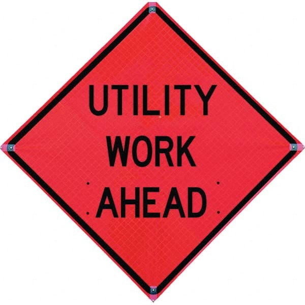 Road Construction Sign: Square, ″Utility Work Ahead″ Vinyl, Sign Stand Mount, 36″ High