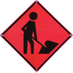 Road Construction Sign: Square, ″Men Working″ Vinyl, Sign Stand Mount, 36″ High