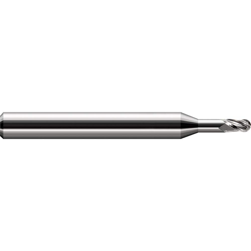 Ball End Mill: 0.093″ Dia, 0.14″ LOC, 3 Flute, Solid Carbide 2-1/2″ OAL, 1/8″ Shank Dia, 30 ° Helix, Uncoated, Single End