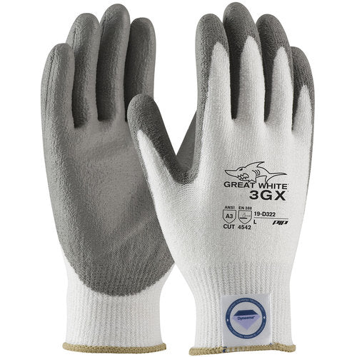 ‎19-D322/XL Coated Gloves - Great White 3GX Dyneema Diamond - 13G White Shell - Gray PU Smooth Grip - A3 - Exact Industrial Supply