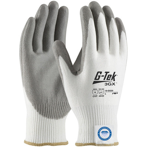 19-D330/XL Coated Gloves - G-Tek 3GX Dyneema Diamond - White 13G Shell - Gray PU Smooth Grip - A4 - Exact Industrial Supply