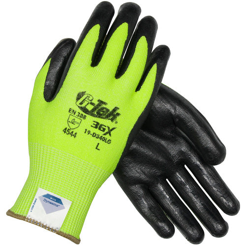 19-D340LG/XS Coated Gloves - G-Tek 3GX Dyneema Diamond - Hi-Vis Yellow 13G - Black Nitrile Foam - A4 - Exact Industrial Supply