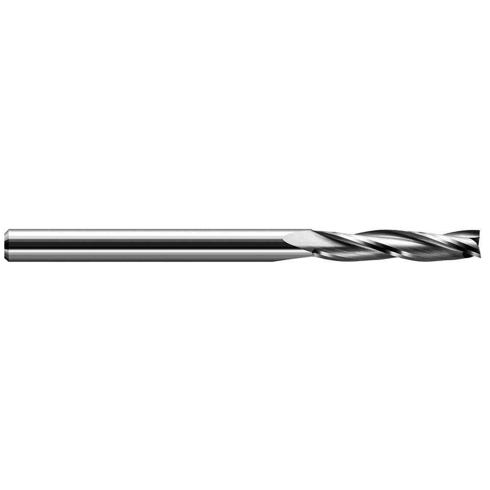 Square End Mill: 1/32'' Dia, 3/32'' LOC, 1/8'' Shank Dia, 1-1/2'' OAL, 3 Flutes, Solid Carbide Single End, Uncoated, Upcut Flute, 22 ° Helix, Centercutting, RH Cut, RH Flute