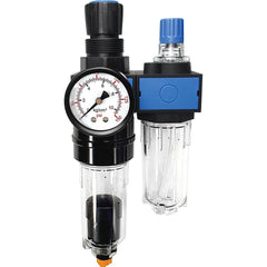 FRL Combination Unit: 1/4 NPT, Miniature with Pressure Gauge 65.32 SCFM, 145 Max psi, Polycarbonate Bowl, Automatic Drain