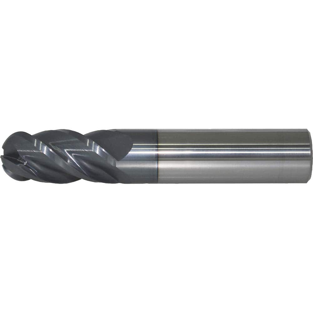 Ball End Mill: 0.25″ Dia, 0.75″ LOC, 4 Flute, Solid Carbide 2-1/2″ OAL, 1/4″ Shank Dia, 40 ° Helix, AlTiN Coated, Single End