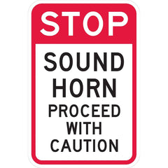 Lyle Signs - Traffic & Parking Signs; MessageType: Warning & Safety Reminder Signs ; Message or Graphic: Message Only ; Legend: Stop Sound Horn Proceed With Caution ; Graphic Type: None ; Reflectivity: Reflective; Engineer Grade ; Material: Aluminum - Exact Industrial Supply