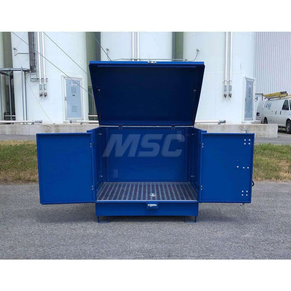 Spill Pallet: 4 Drum, 68 gal, 4,700 lb, Steel 60.9″ Long, 54″ Wide, 54.5″ High, Blue, Vertical