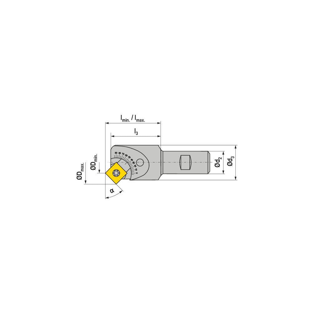 Indexable Chamfer & Angle End Mills; Minimum Cutting Diameter (mm): 14.00; Maximum Cutting Diameter (mm): 31.50; Lead Angle: 90; Maximum Depth of Cut (mm): 10.70; Compatible Insert Size Code: SD.. 1205..; Shank Type: Weldon Flat; Shank Diameter (Inch): 20