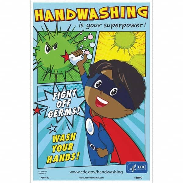 Sign: Rectangle, ″Fight Off Germs! Wash Your Hands!″ Vinyl, Wall Mount, 18″ High