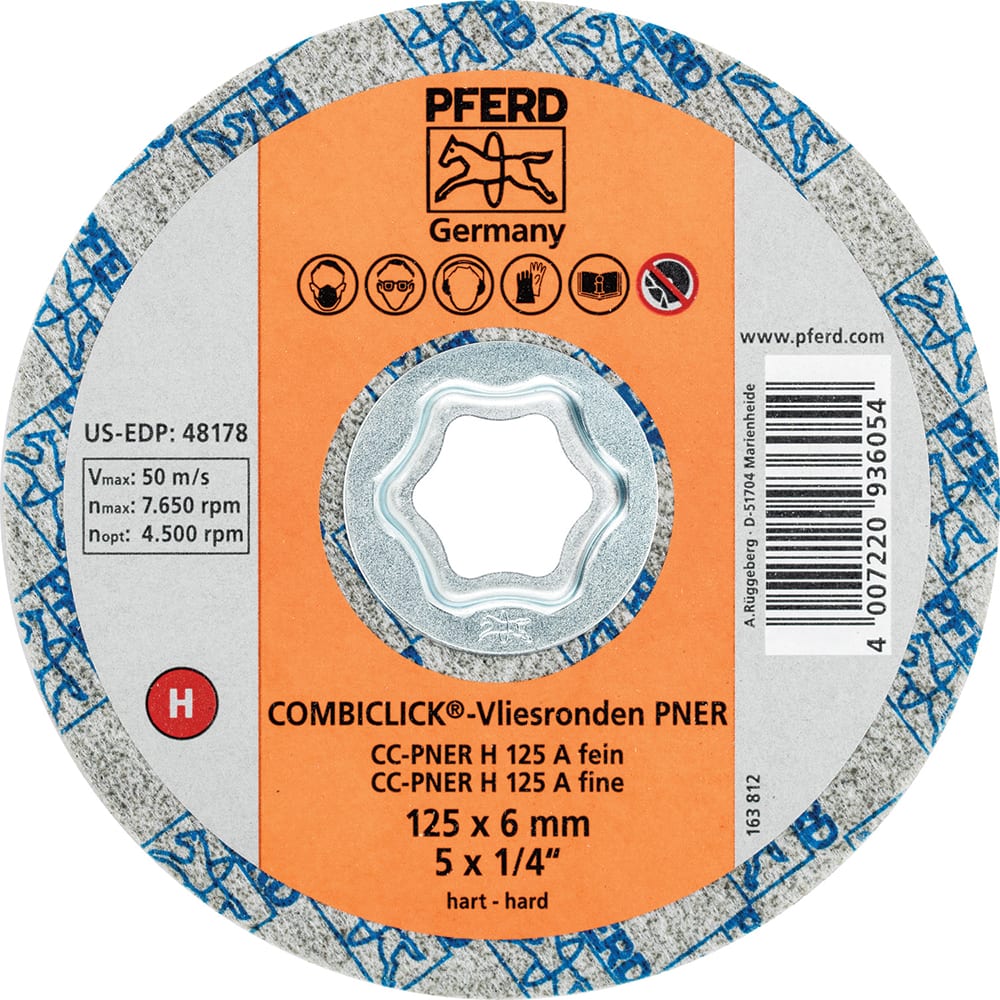 PFERD - Quick Change Discs; Disc Diameter (Inch): 5 ; Attaching System: COMBICLICK ; Abrasive Type: Non-Woven ; Abrasive Material: Aluminum Oxide ; Grade: Fine ; Backing Material: Cloth - Exact Industrial Supply