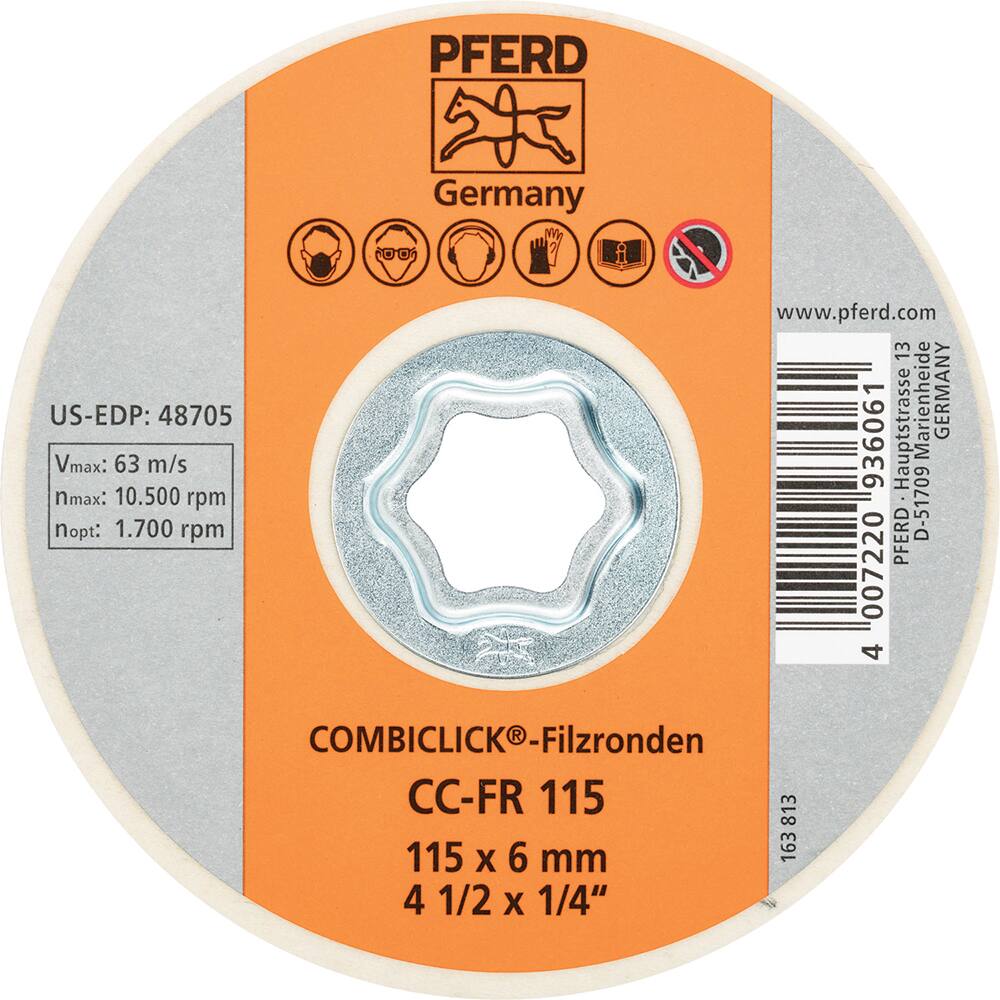 PFERD - Quick Change Discs; Disc Diameter (Inch): 4-1/2 ; Attaching System: COMBICLICK ; Abrasive Type: Non-Woven ; Abrasive Material: Felt ; Backing Material: Cloth ; Maximum RPM: 10500.000 - Exact Industrial Supply