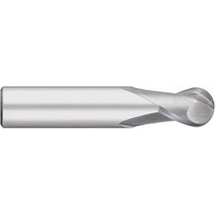 Ball End Mill: 0.0469″ Dia, 0.0938″ LOC, 2 Flute, Solid Carbide 1-1/2″ OAL, 1/8″ Shank Dia, 30 ° Helix, Uncoated, Single End