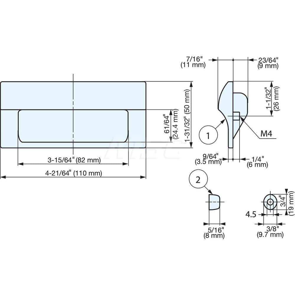 Recessed Pulls; Overall Width (Inch): 4-21/64; Overall Height (mm): 50.00000; Recess Width: 82.00; Recess Height: 24.40; Recess Depth: 11.00; Center to Center: 96.0000; Thread Size: M4; Finish/Coating: Black; Material: ABS; Polycarbonate; Material: ABS; P