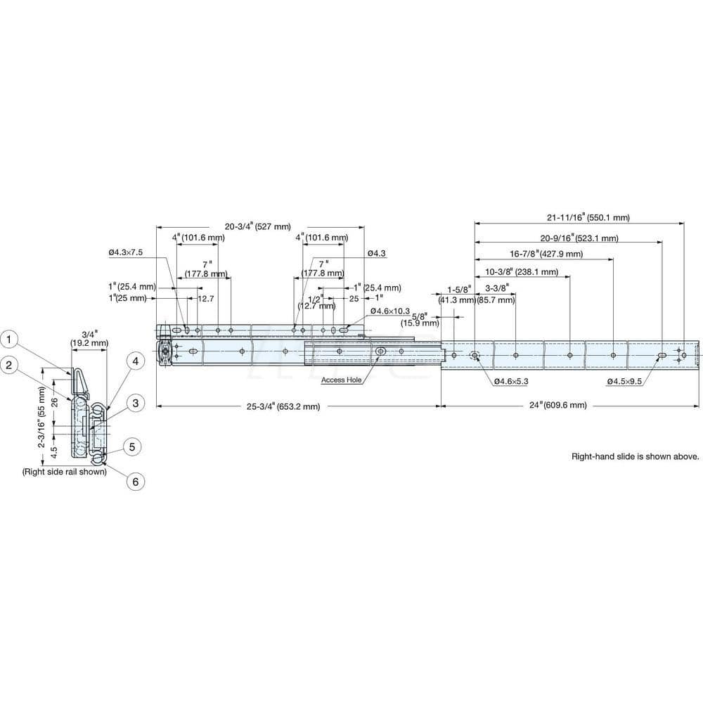 Drawer Slides; Type: Drawer Slide; Extension Style: Full; Slide Length: 609.60; Travel Length: 653.20; Load Capacity (Lb.): 105.000; Width (Inch): 0.76; Finish/Coating: Zinc Plated; Additional Information: Mounting Type: Side; Closure Type: Conventional;