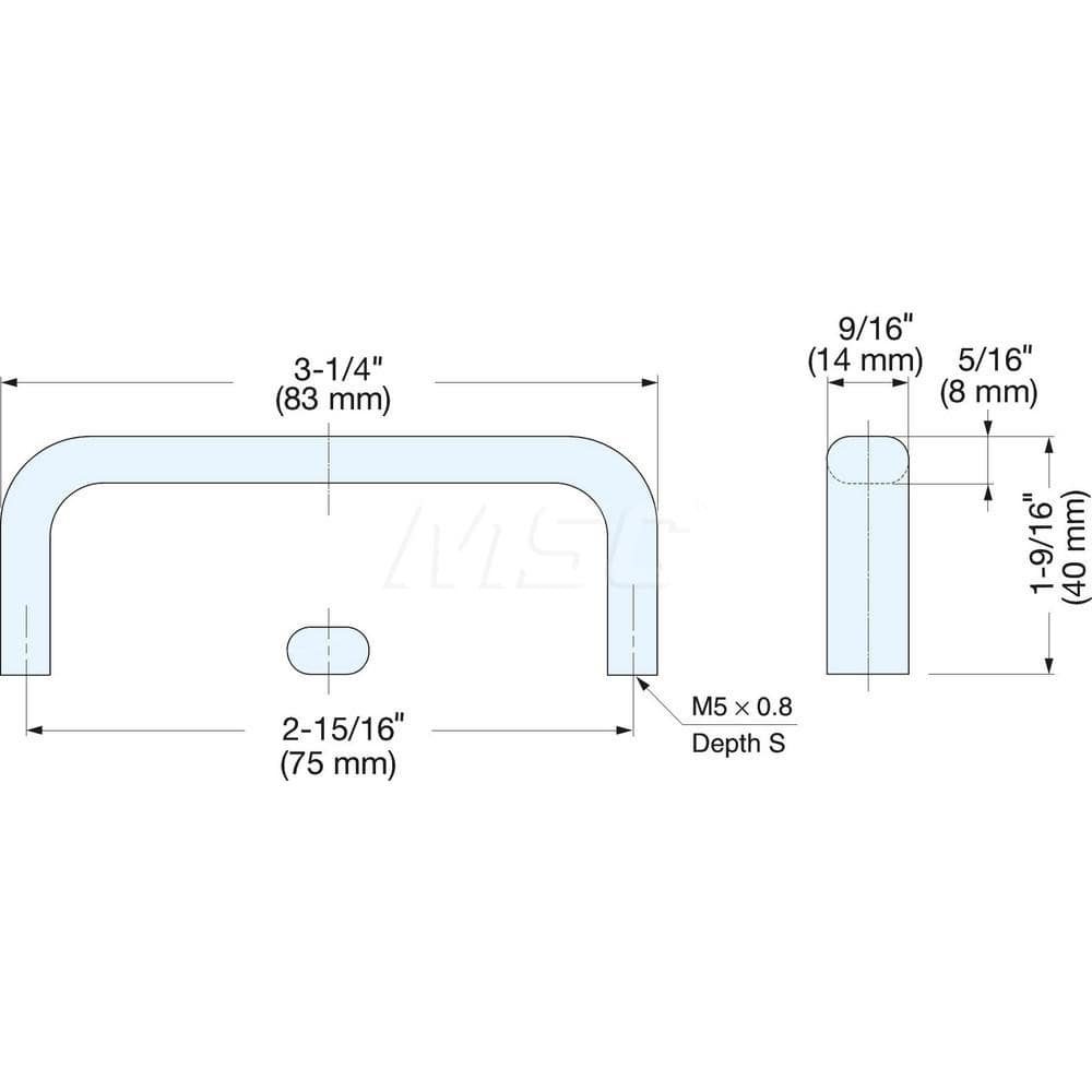 Drawer Pulls; Handle Diameter: 0.5715; Width (Decimal Inch): 3.3878; Width (mm): 83.00; Length (Inch): 3-1/4; Projection: 1.6; Center to Center: 2-61/64; Thread Size: M5 x 0.8; Finish/Coating: Satin; Material Grade: 303; Additional Information: Thickness: