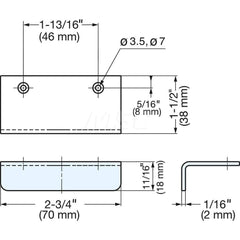 Edge Pulls; Width (Inch): 2-3/4; Depth (Inch): 1-1/2; Thickness (mm): 2.5; Hole Diameter: 3.5000; Distance Between Centers Width: 46.0000; Material Grade: 304; Finish/Coating: Satin; Material: Stainless Steel; Material: Stainless Steel