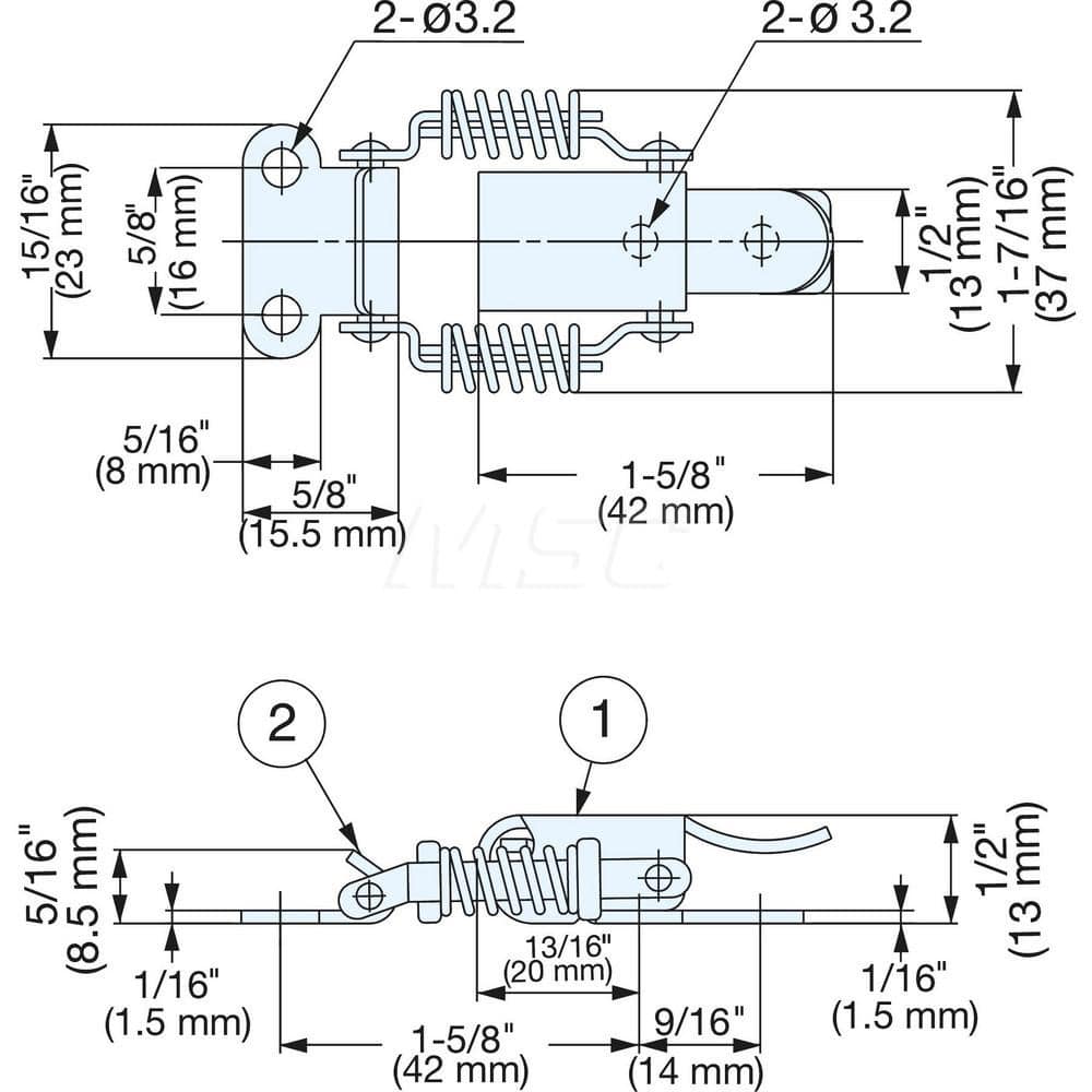 Latches; Type: Spring Loaded Compression Draw Latch; Length (mm): 42.00; Width (mm): 37.00; Height (mm): 13.0000; Finish/Coating: Polished; Distance Between Mounting Hole Centers: 16; Minimum Order Quantity: 304 Stainless Steel; Material: 304 Stainless St