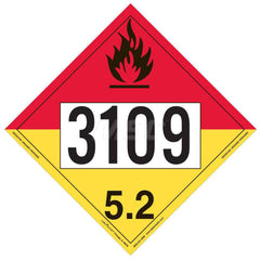 DOT Placards & Holders; Type: Placard; Legend: Organic Peroxide; Legend: Organic Peroxide; Material: Vinyl; Message or Graphic: Organic Peroxide; Legend Color: Red; Yellow; Material: Vinyl; Compliance Specifications: DOT 49 CFR 172.519; Placard Coating: U