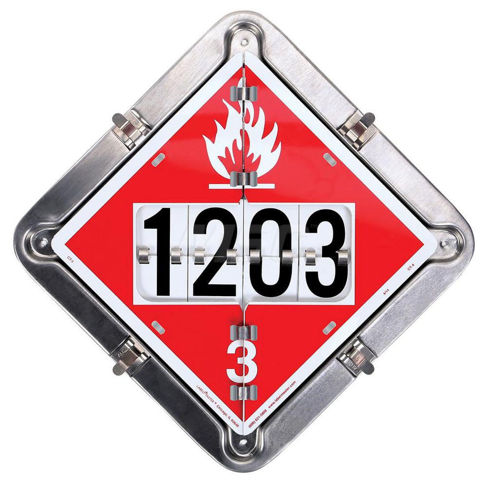 DOT Flip Placards; Placard Type: Standard; Number of Legends: 4; Legend: Combustible; Corrosive; Poison; Flammable; Message/Graphic: Message & Graphic; Legend Color: Red; White; Black; Background Color: White; Overall Height: 13.5; Thickness: 11; Number O